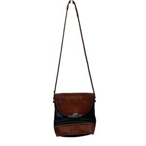 Brighton Vintage Crossbody Bag Brown Alligator Print Black Braided VTG